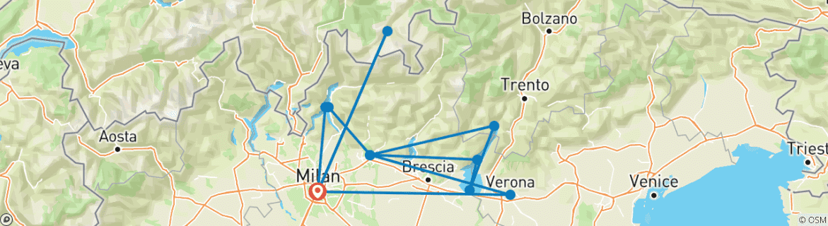 Image of a map showing the route of the tour