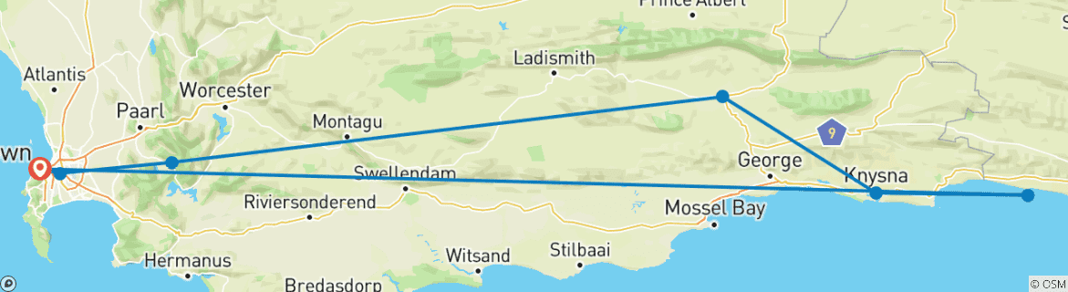 Image of a map showing the route of the tour