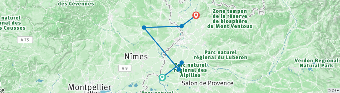 Image of a map showing the route of the tour