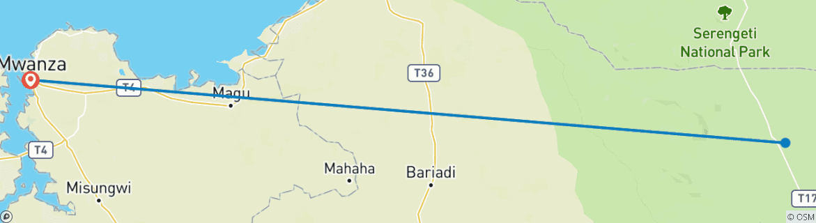 Karte von Buchen Sie die beste 3 Tage Serengeti-Safari von Mwanza, Tansania - die weltweit führbis Serengeti-Safari mit garantiertem Tiefstpreis
