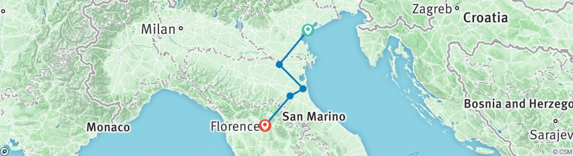 Image of a map showing the route of the tour