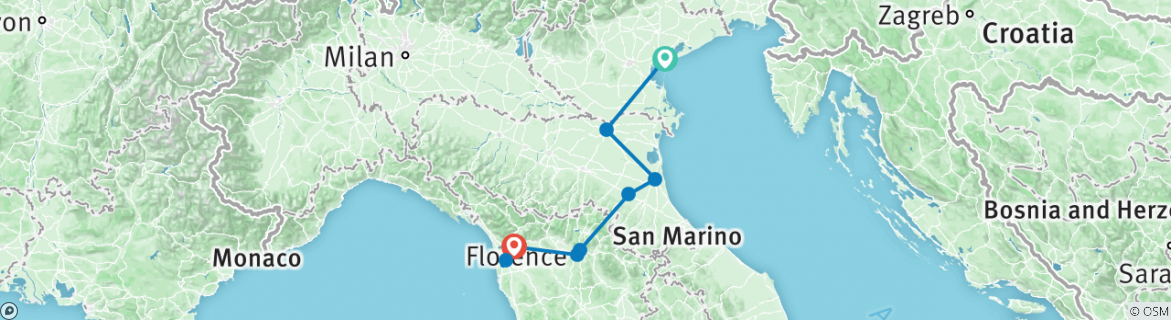 Image of a map showing the route of the tour