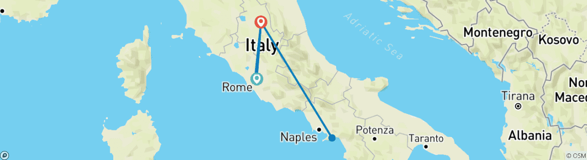 Image of a map showing the route of the tour