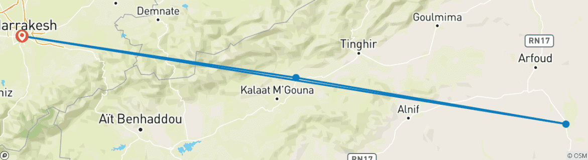 Image of a map showing the route of the tour