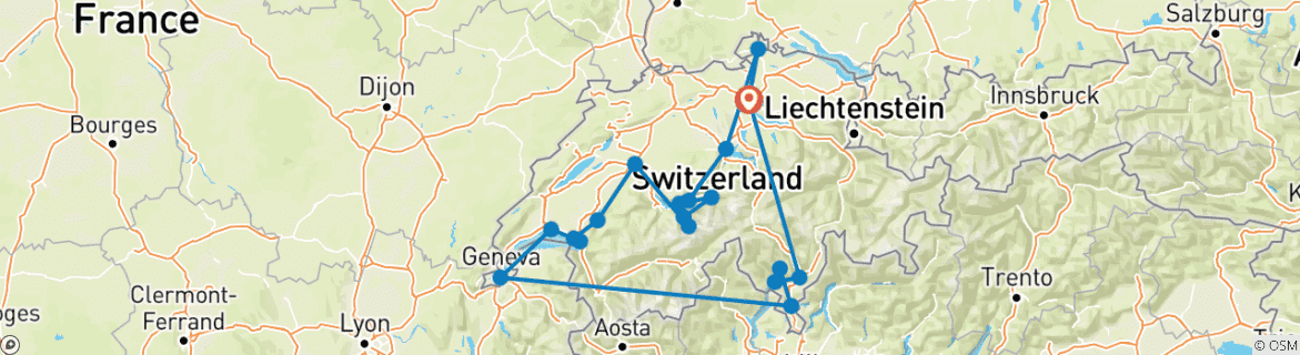 Image of a map showing the route of the tour