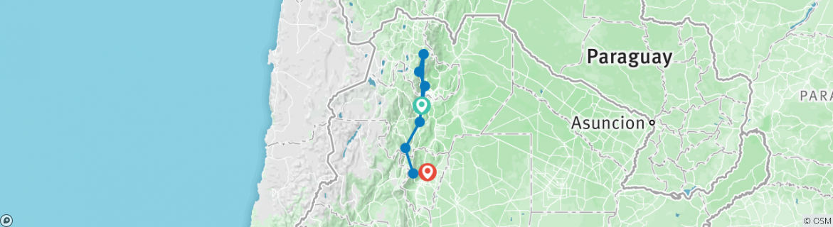 Image of a map showing the route of the tour