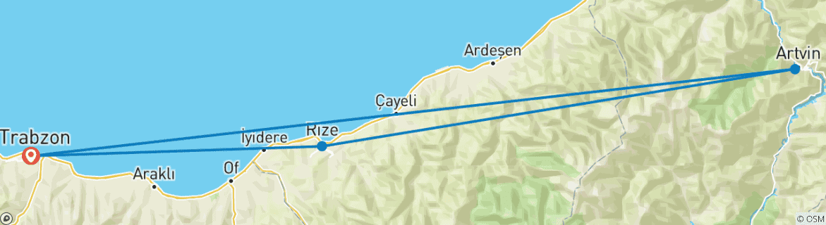 Image of a map showing the route of the tour