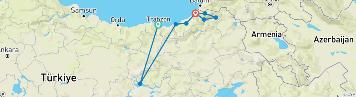 Image of a map showing the route of the tour