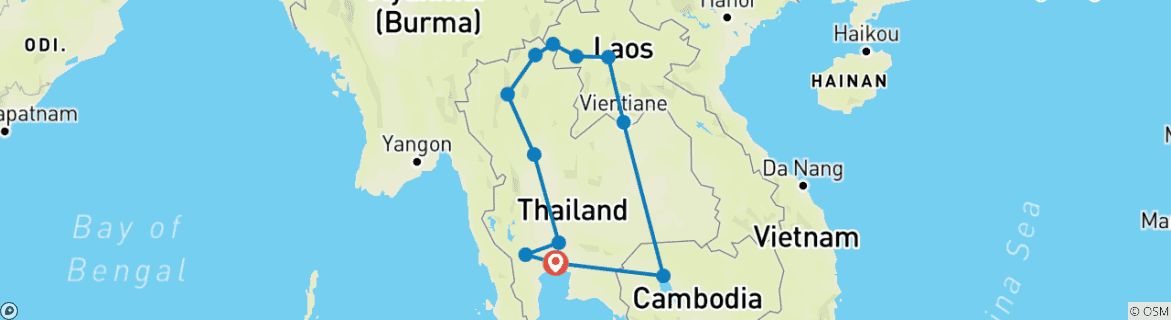 Image of a map showing the route of the tour