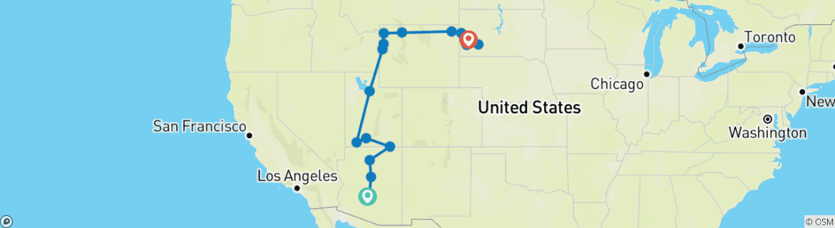 Image of a map showing the route of the tour