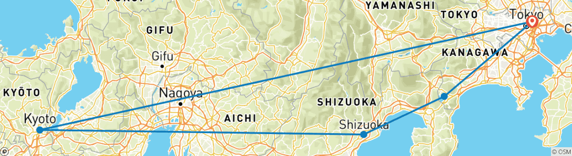 Image of a map showing the route of the tour