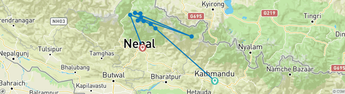Image of a map showing the route of the tour