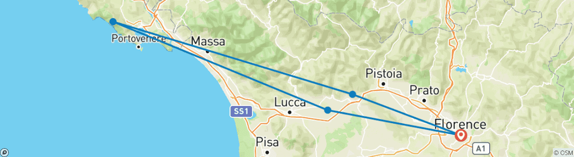Image of a map showing the route of the tour
