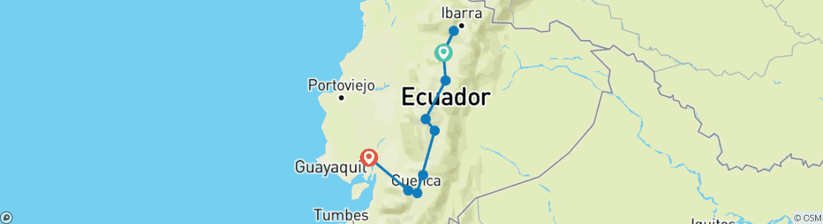 Image of a map showing the route of the tour