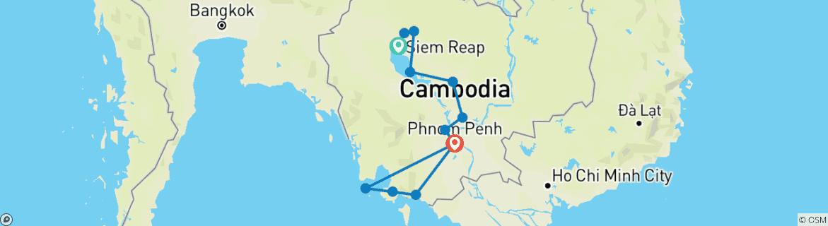 Image of a map showing the route of the tour