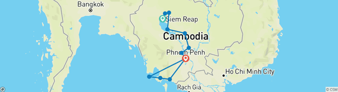 Image of a map showing the route of the tour