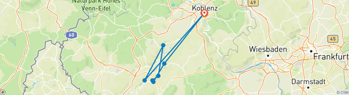 Image of a map showing the route of the tour