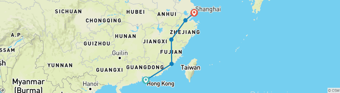 Image of a map showing the route of the tour