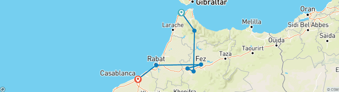 Image of a map showing the route of the tour