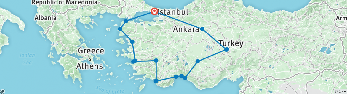 Image of a map showing the route of the tour
