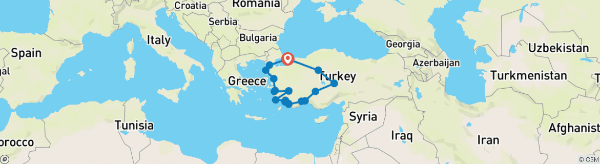 Image of a map showing the route of the tour