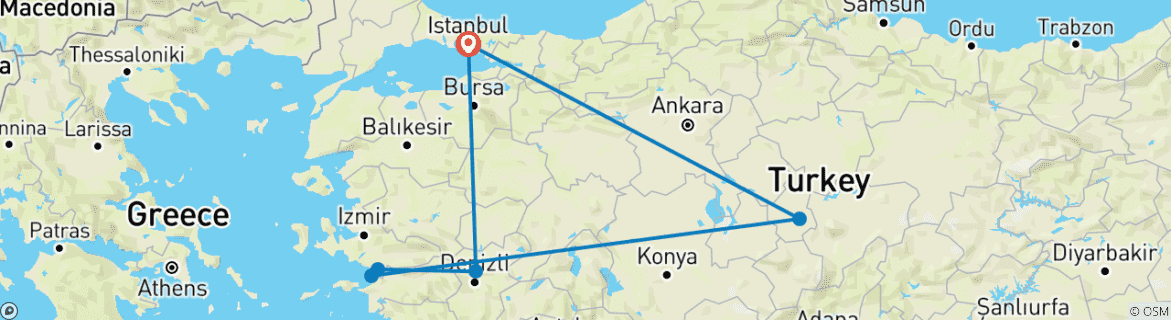 Image of a map showing the route of the tour