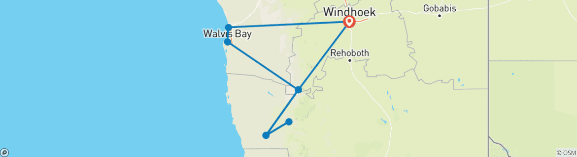 Image of a map showing the route of the tour