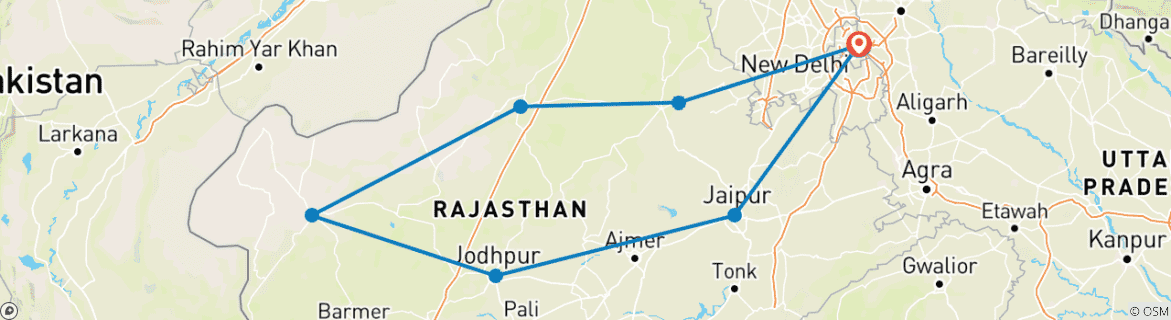 Image of a map showing the route of the tour