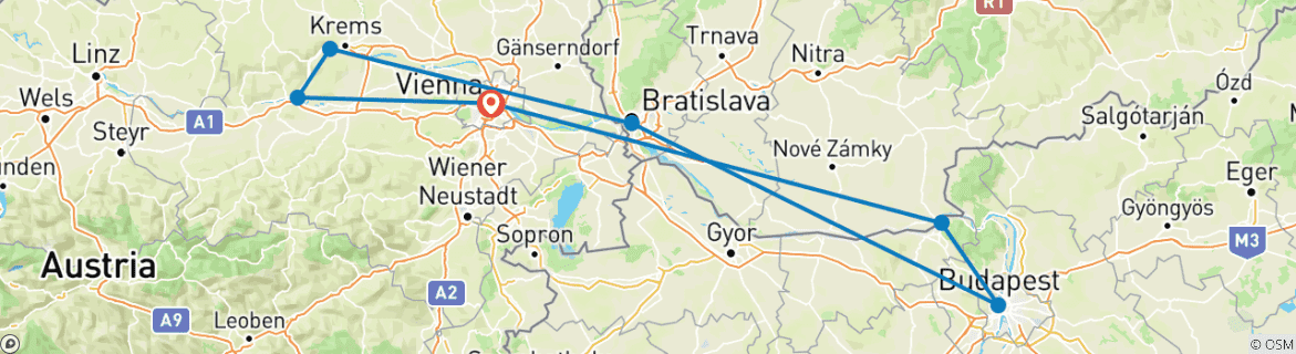 Image of a map showing the route of the tour