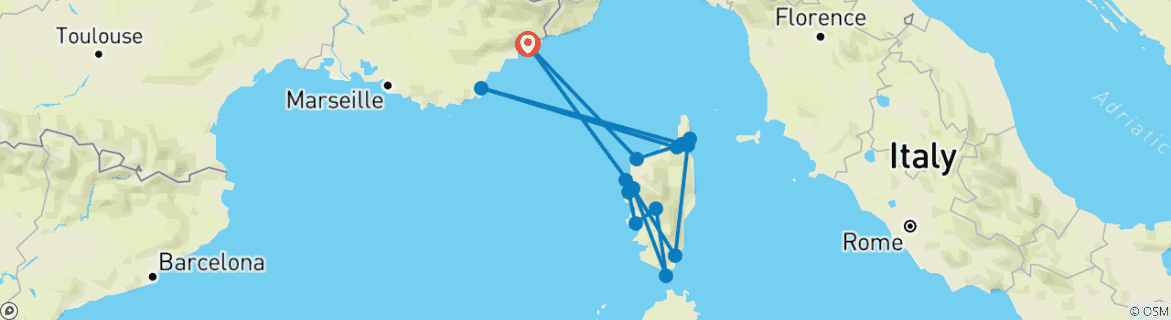 Image of a map showing the route of the tour
