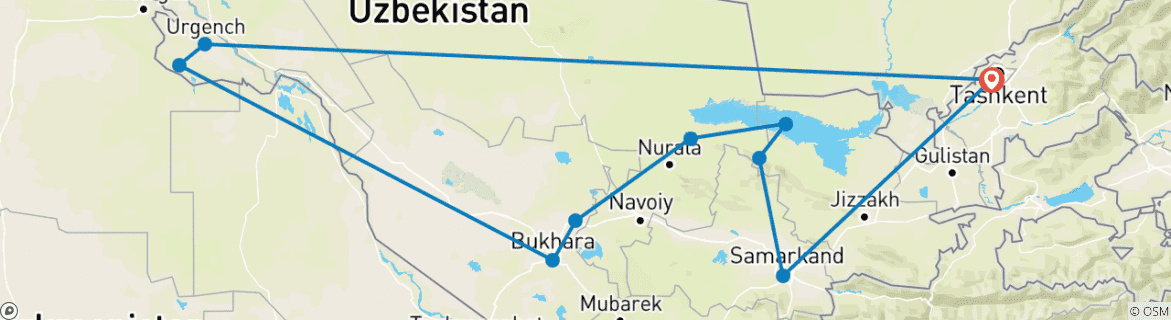 Image of a map showing the route of the tour