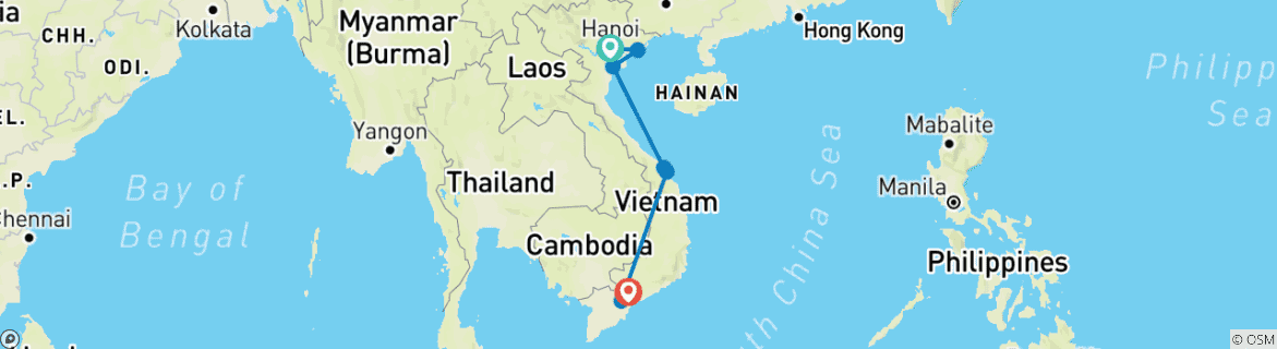 Image of a map showing the route of the tour