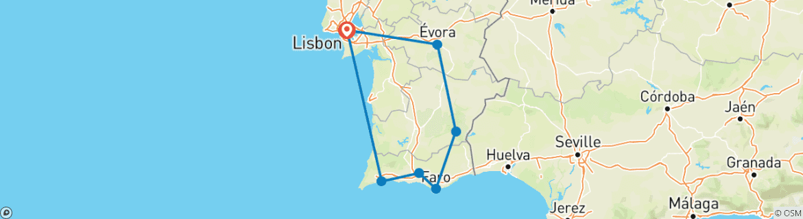 Image of a map showing the route of the tour