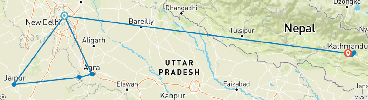 Image of a map showing the route of the tour