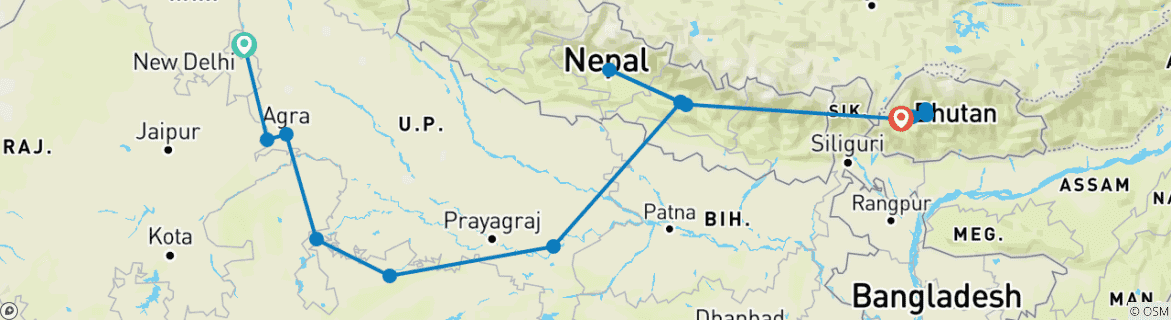 Image of a map showing the route of the tour