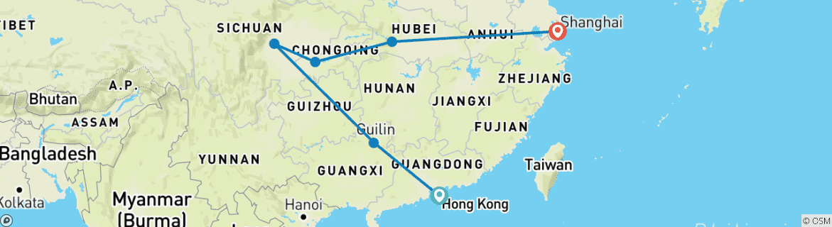 Image of a map showing the route of the tour