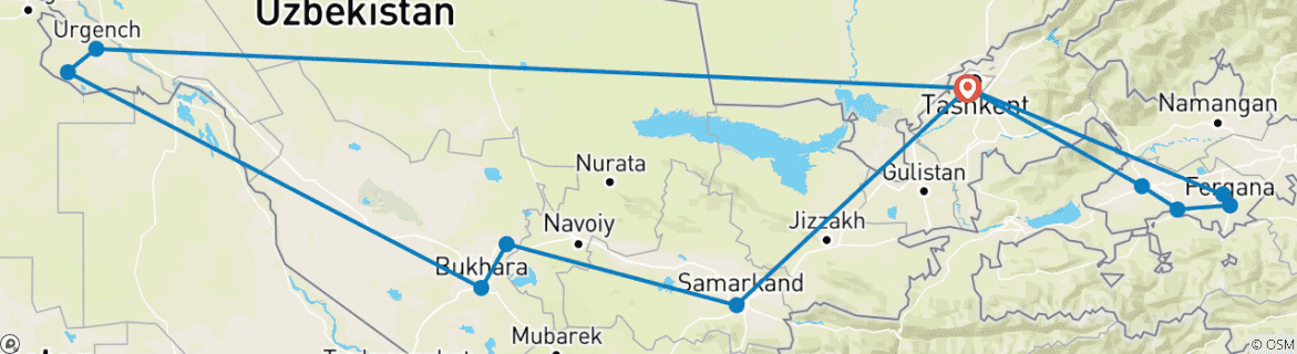 Image of a map showing the route of the tour