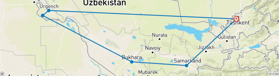 Image of a map showing the route of the tour