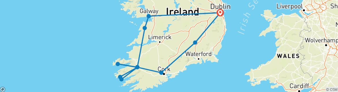 Image of a map showing the route of the tour