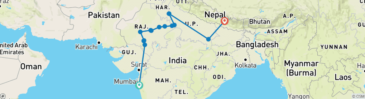 Image of a map showing the route of the tour