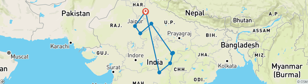 Image of a map showing the route of the tour