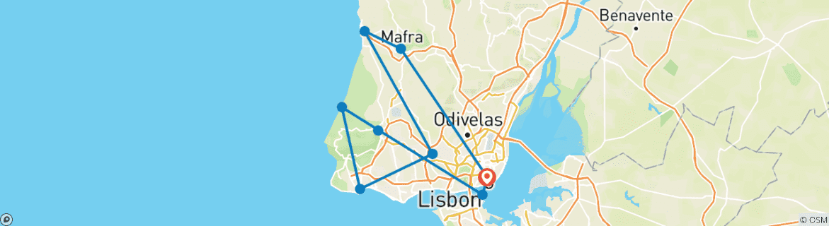 Image of a map showing the route of the tour
