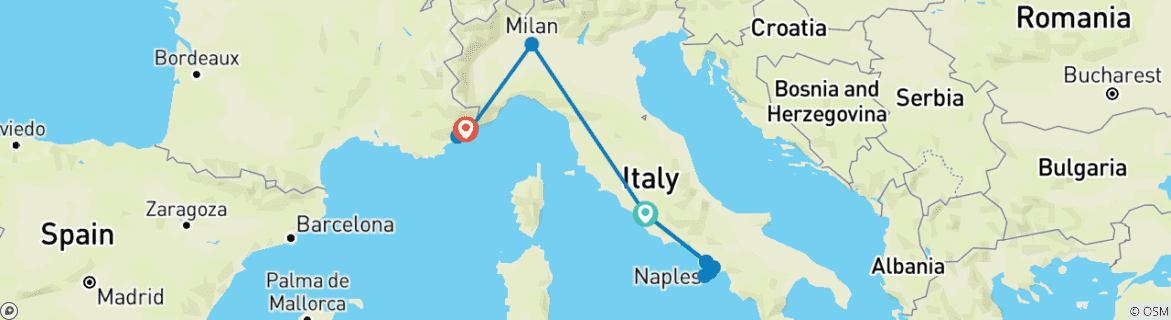Image of a map showing the route of the tour