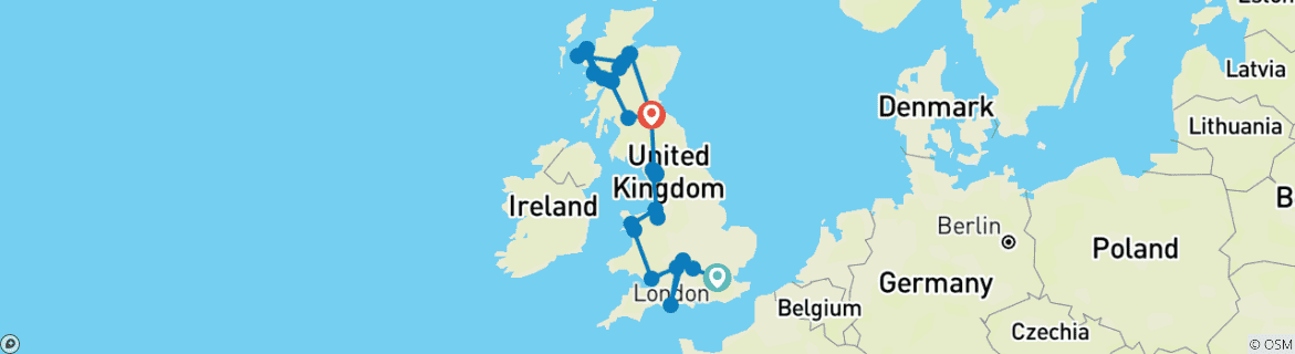 Carte du circuit Le meilleur de l'Angleterre, du Pays de Galles et de l'Écosse (28 destinations)