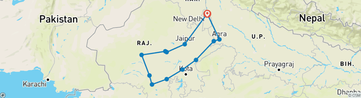 Image of a map showing the route of the tour