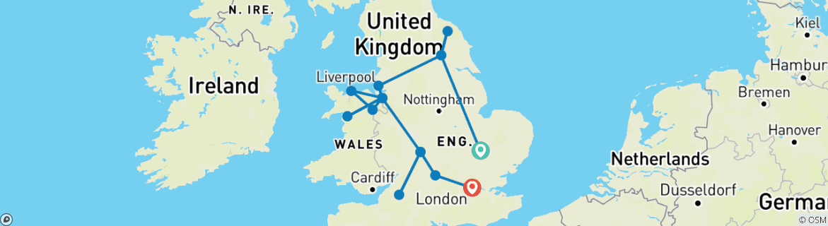 Image of a map showing the route of the tour