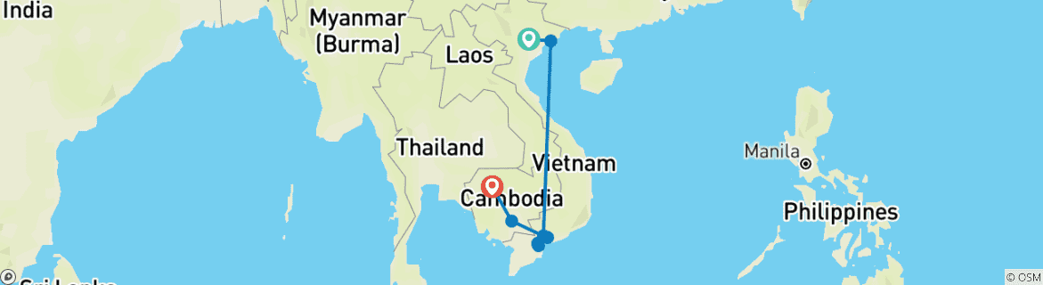 Image of a map showing the route of the tour