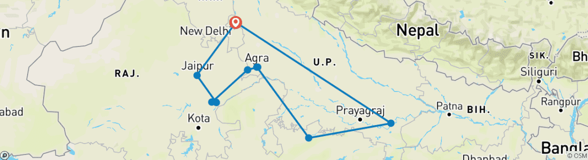 Image of a map showing the route of the tour