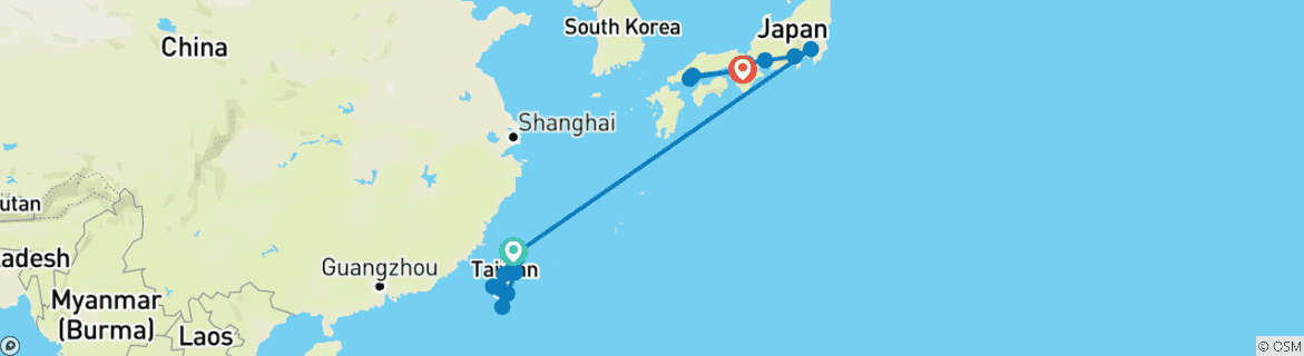 Image of a map showing the route of the tour