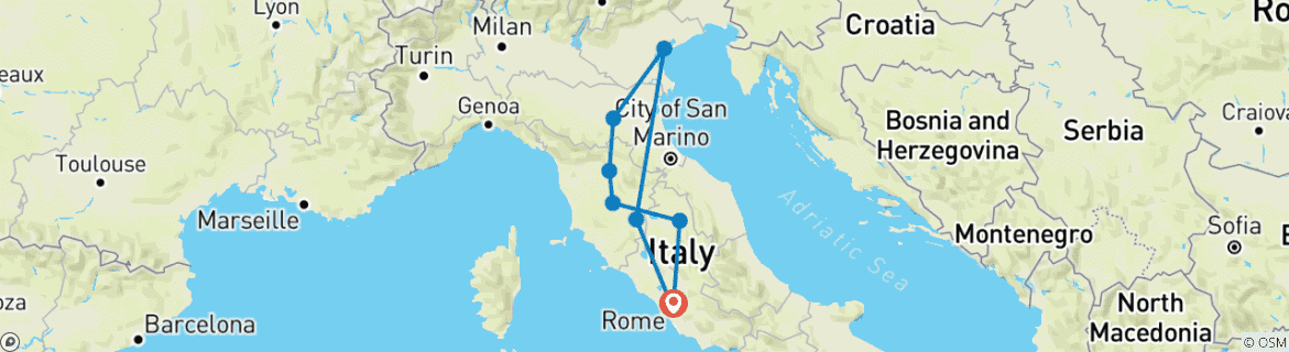 Image of a map showing the route of the tour